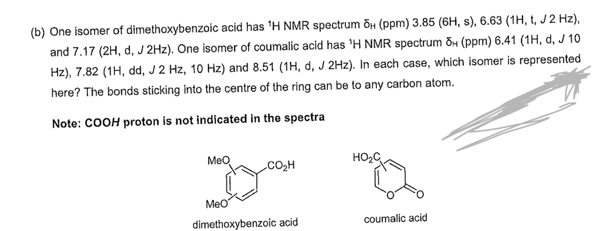 (b) One isomer of dimethoxybenzoic acid has 1H NMR spectrum dµ (ppm) 3.85 (6H, s), 6.63 (1H, t, J 2 Hz),
and 7.17 (2H, d, J 2Hz), One isomer of coumalic acid has 'H NMR spectrum dн (ppm) 6.41 (1H, d, J 10
Hz), 7.82 (1H, dd, J 2 Hz, 10 Hz) and 8.51 (1H, d, J 2Hz). In each case, which isomer is represented
here? The bonds sticking into the centre of the ring can be to any carbon atom.
Note: COOH proton is not indicated in the spectra
MeO
HO₂C
CO2H
MeO
dimethoxybenzoic acid
coumalic acid