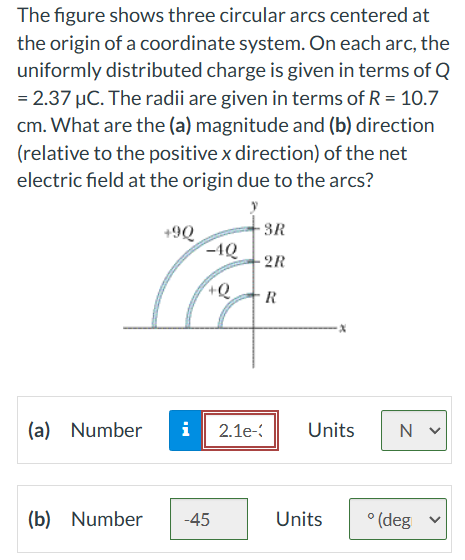 The figure shows three circular arcs centered at
the origin of a coordinate system. On each arc, the
uniformly distributed charge is given in terms of Q
= 2.37 μC. The radii are given in terms of R = 10.7
cm. What are the (a) magnitude and (b) direction
(relative to the positive x direction) of the net
electric field at the origin due to the arcs?
(a) Number
+9Q
-4Q
+Q
3R
-2R
i 2.1e-
(b) Number -45
R
Units
Units
N✓
° (deg