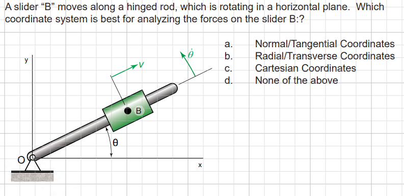 A slider "B" moves along a hinged rod, which is rotating in a horizontal plane. Which
coordinate system is best for analyzing the forces on the slider B:?
y
e
XV
B
j
X
a.
b.
C.
d.
Normal/Tangential Coordinates
Radial/Transverse Coordinates
Cartesian Coordinates
None of the above