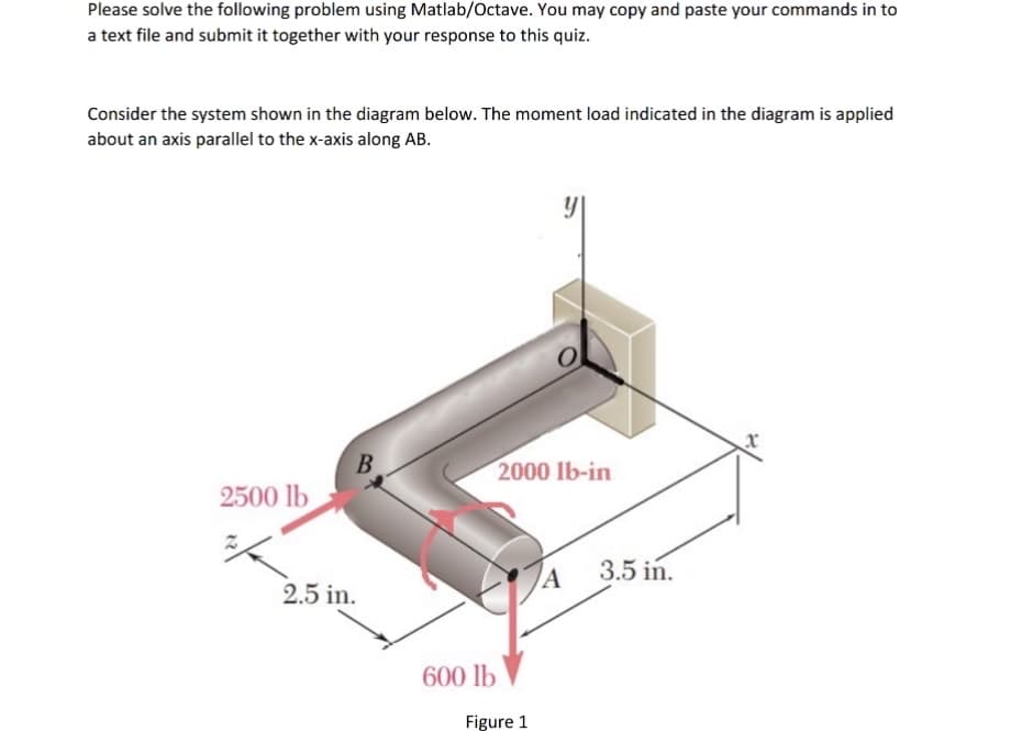 Please solve the following problem using Matlab/Octave. You may copy and paste your commands in to
a text file and submit it together with your response to this quiz.
Consider the system shown in the diagram below. The moment load indicated in the diagram is applied
about an axis parallel to the x-axis along AB.
2500 lb
B
2.5 in.
600 lb
2000 lb-in
Figure 1
A
3.5 in.