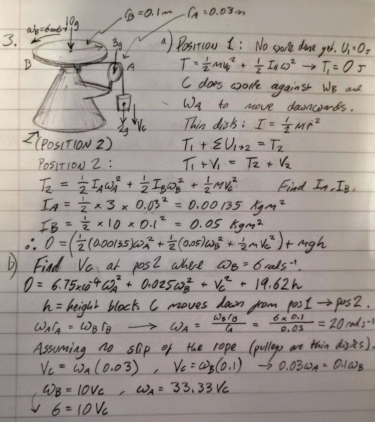 B=0.1m
CA :0,03m
3. k
3g
Posirion 1: No sare dase yeh. U,-O+
I6 C T= J
C does worte against WB acd
A
Wa to
move dasncwards.
MOVE
Thin diss i I=MP²
%3D
TitEViz2 =
<(POSITION 2)
POSITION 2:
Te
IA =D2x3x0.032 = 0.00135 Agm²
Tz
Ti +V, = Te + Vz
Find In IB.
2.
%3D
%3D
%3D
IB=DŽx10 x 0.12
:0
Find Vo at pos
0.05kgm²
%3D
(0.00135)W7+2(0.05/W mVe)+
gh
13D
b 2 ahere We =6 rals-"
0=6.75x1042 +
h dawr pom pos1→ pos 2.
O.025WĞ
V 19.62h
height block C moves
WALA= WB IB
We rB
6x0.1
> WA =
%3D20ads-1
%3D
%3D
0.03
Assuming no sip of Hhe rope (pullegs
Vc = WA(0.03)
WB = 10VC
6%310Vc
ae thin disrs).
,
Vc = Wg(0,1) 0.03WA- 0lWB
0.10B
%3D
love
, WA= 33,33 VC
%3D
%3D
