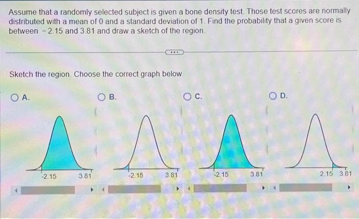 Assume that a randomly selected subject is given a bone density test. Those test scores are normally
distributed with a mean of 0 and a standard deviation of 1. Find the probability that a given score is
between 2.15 and 3.81 and draw a sketch of the region.
Sketch the region. Choose the correct graph below
O A.
-2.15
3.81
O B.
-2.15
3.81
O C.
-2.15
3.81
O D.
2.15 3.81