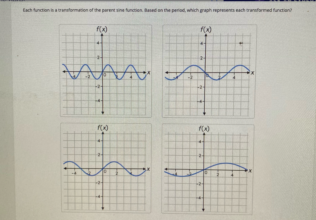 ### Transformation of the Parent Sine Function

Each function shown below is a transformation of the parent sine function. Based on the period, determine which graph represents each transformed function.

#### Graph 1 (Top-Left):
- The graph exhibits increased frequency, indicating that it has a shorter period compared to the parent sine function.
- The graph completes more cycles within the same x-interval.

#### Graph 2 (Top-Right):
- This graph appears to have a period longer than that of the parent sine function.
- The sine wave stretches horizontally, completing fewer cycles within the same x-interval.

#### Graph 3 (Bottom-Left):
- The sine wave in this graph closely resembles the parent sine function with no noticeable horizontal stretching or compressing.

#### Graph 4 (Bottom-Right):
- Similar to the graph in the top right, this graph also shows a stretched sine wave, indicating an increased period.

#### Key Points:
- The period of a sine function is determined by the frequency of its cycles.
- A compressed sine wave indicates a transformation with a shorter period.
- A stretched sine wave indicates a transformation with a longer period.
- Horizontal translations and reflections are not the focus here; only the period is considered.