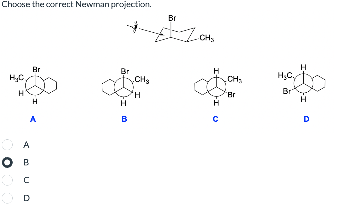 Choose the correct Newman projection.
Br
1
CH3
H
I-
Br
Br
H
H3C
CH3
CH3
H3C
Br
H
H
Br
H
H
H
A
B
O B
O O O
А
ABCD
-I
H
D