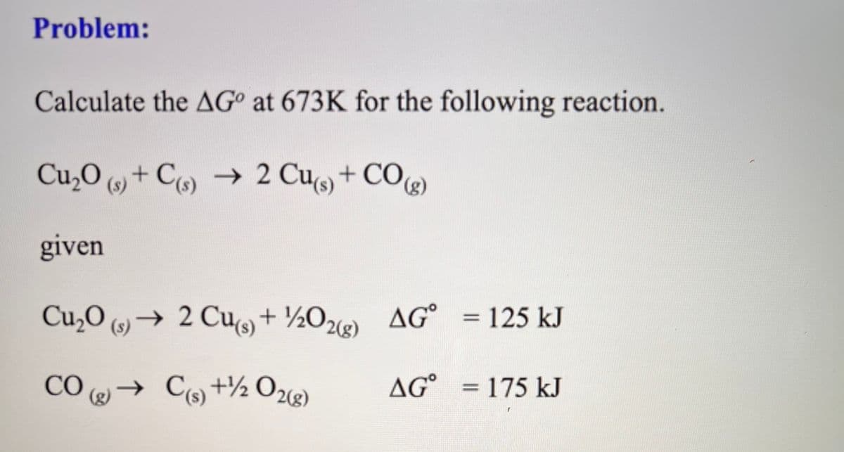 Problem:
Calculate the AG at 673K for the following reaction.
Cu₂0 (s) + C(s) → 2 Cu(s) + CO(g)
given
Cu₂0 (s) → 2 Cu(s) + 1/2O2(g)
CO(g) → C(s) + ¹/2O2(g)
AG°
AG = 125 kJ
AG° = 175 kJ