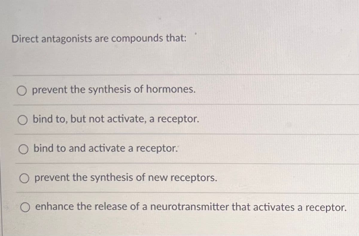 Direct antagonists are compounds that:
O prevent the synthesis of hormones.
O bind to, but not activate, a receptor.
O bind to and activate a receptor.
O prevent the synthesis of new receptors.
enhance the release of a neurotransmitter that activates a receptor.