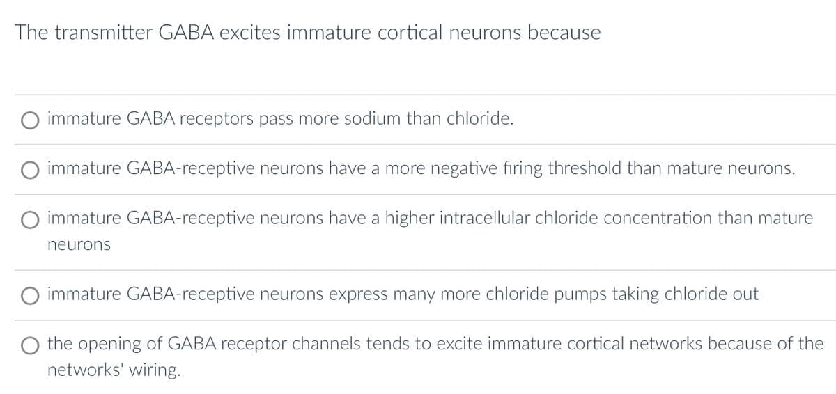 The transmitter GABA excites immature cortical neurons because
immature GABA receptors pass more sodium than chloride.
immature GABA-receptive neurons have a more negative firing threshold than mature neurons.
immature GABA-receptive neurons have a higher intracellular chloride concentration than mature
neurons
O immature GABA-receptive neurons express many more chloride pumps taking chloride out
the opening of GABA receptor channels tends to excite immature cortical networks because of the
networks' wiring.