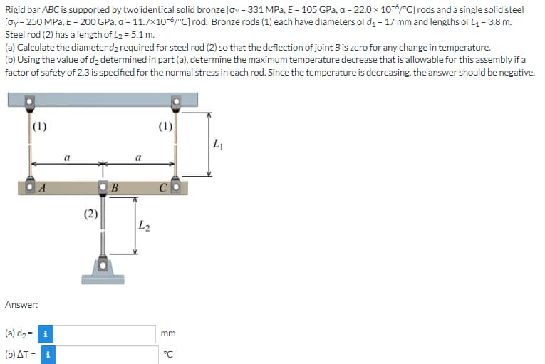 Rigid bar ABC is supported by two identical solid bronze [oy = 331 MPa; E = 105 GPa; a = 22.0 x 10-6/°C] rods and a single solid steel
[oy= 250 MPa; E = 200 GPa; a = 11.7x10-6/°C] rod. Bronze rods (1) each have diameters of d₁ = 17 mm and lengths of L₁ = 3.8 m.
Steel rod (2) has a length of L₂ = 5.1 m.
(a) Calculate the diameter d₂ required for steel rod (2) so that the deflection of joint B is zero for any change in temperature.
(b) Using the value of d₂ determined in part (a), determine the maximum temperature decrease that is allowable for this assembly if a
factor of safety of 2.3 is specified for the normal stress in each rod. Since the temperature is decreasing, the answer should be negative.
(1)
(1)
L₁
A
Answer:
(a) d₂ = i
(b) AT = i
a
(2)
B
a
L2
mm
°℃