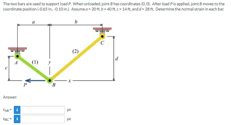 The two bars are used to support load P. When unloaded, joint B has coordinates (0,0). After load P is applied, joint B moves to the
coordinate position (-0.65 in., -0.10 in.). Assume a = 20 ft, b = 40 ft, c = 14 ft, and d = 28 ft. Determine the normal strain in each bar.
a
b
C
(2)
(1)
Answer:
EAB =
i
&BC= i
P
B
με
με
d