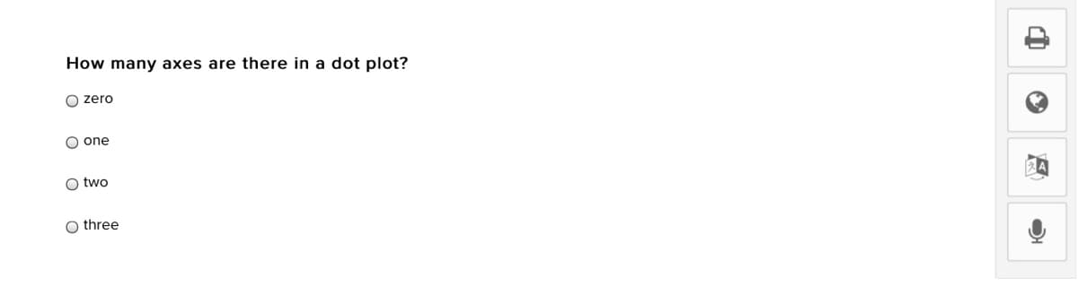 How many axes are there in a dot plot?
O zero
O one
O two
O three
