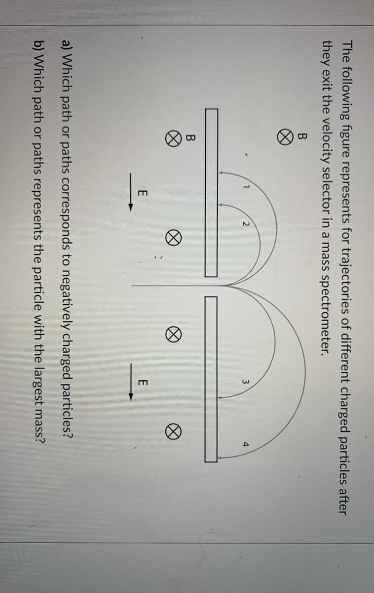 The following figure represents for trajectories of different charged particles after
they exit the velocity selector in a mass spectrometer.
2
a) Which path or paths corresponds to negatively charged particles?
b) Which path or paths represents the particle with the largest mass?
