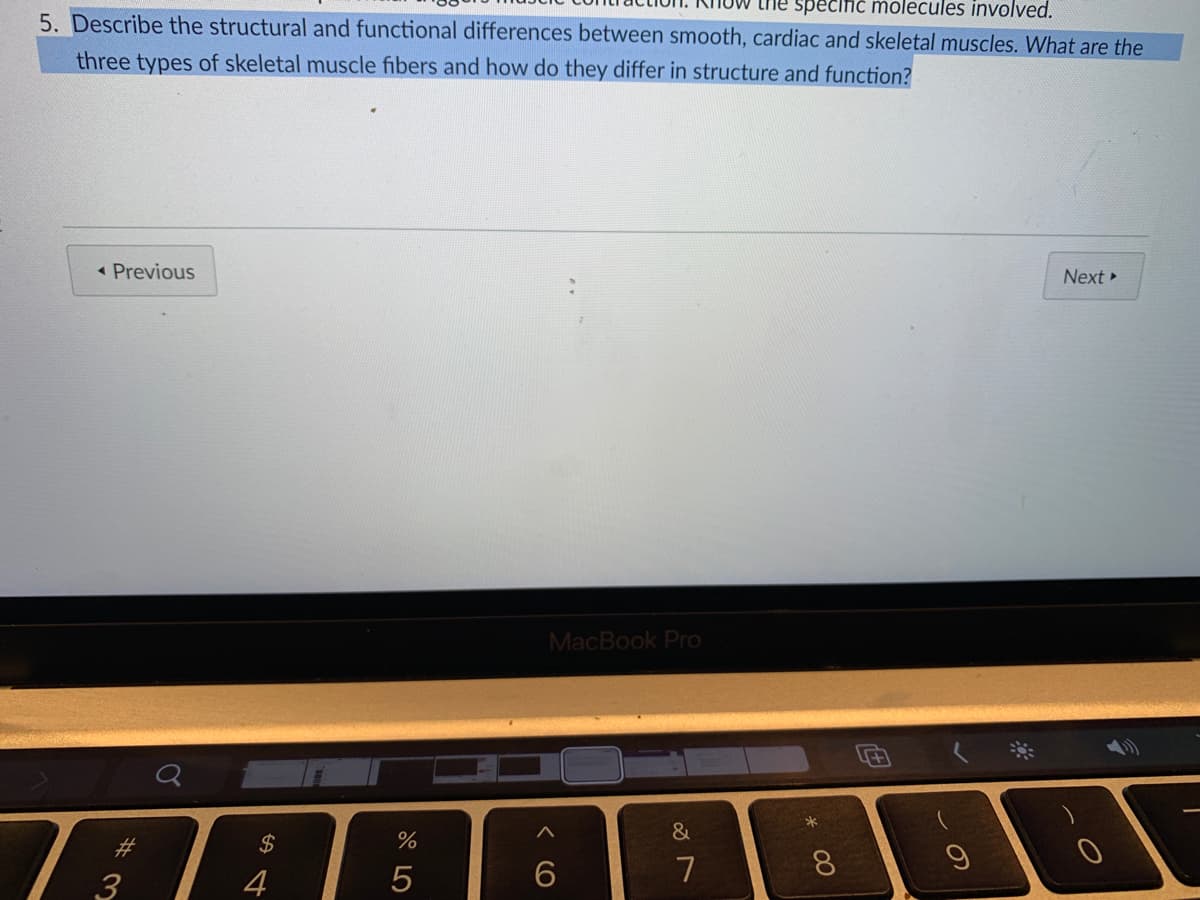 the specific molecules involved.
5. Describe the structural and functional differences between smooth, cardiac and skeletal muscles. What are the
three types of skeletal muscle fibers and how do they differ in structure and function?
« Previous
Next »
MacBook Pro
&
%2$
6.
7
8.
3
4
%#3
