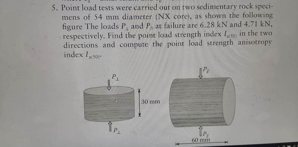 5. Point load tests were carried out on two sedimentary rock speci-
mens of 54 mm diameter (NX core), as shown the following
figure The loads P and P, at failure are 6.28 kN and 4.71 kN,
respectively. Find the point load strength index I(50) in the two
directions and compute the point load strength anisotropy
index la(50).
ПР
PL
30 mm
TP₁
60 mm
TP₁