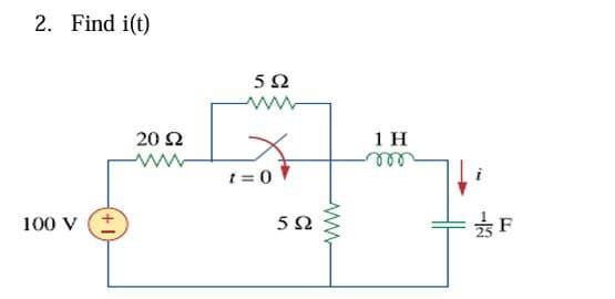 2. Find i(t)
100 V (+
20 Ω
502
www
t=0▼
502
ww
1 H
m
112
F