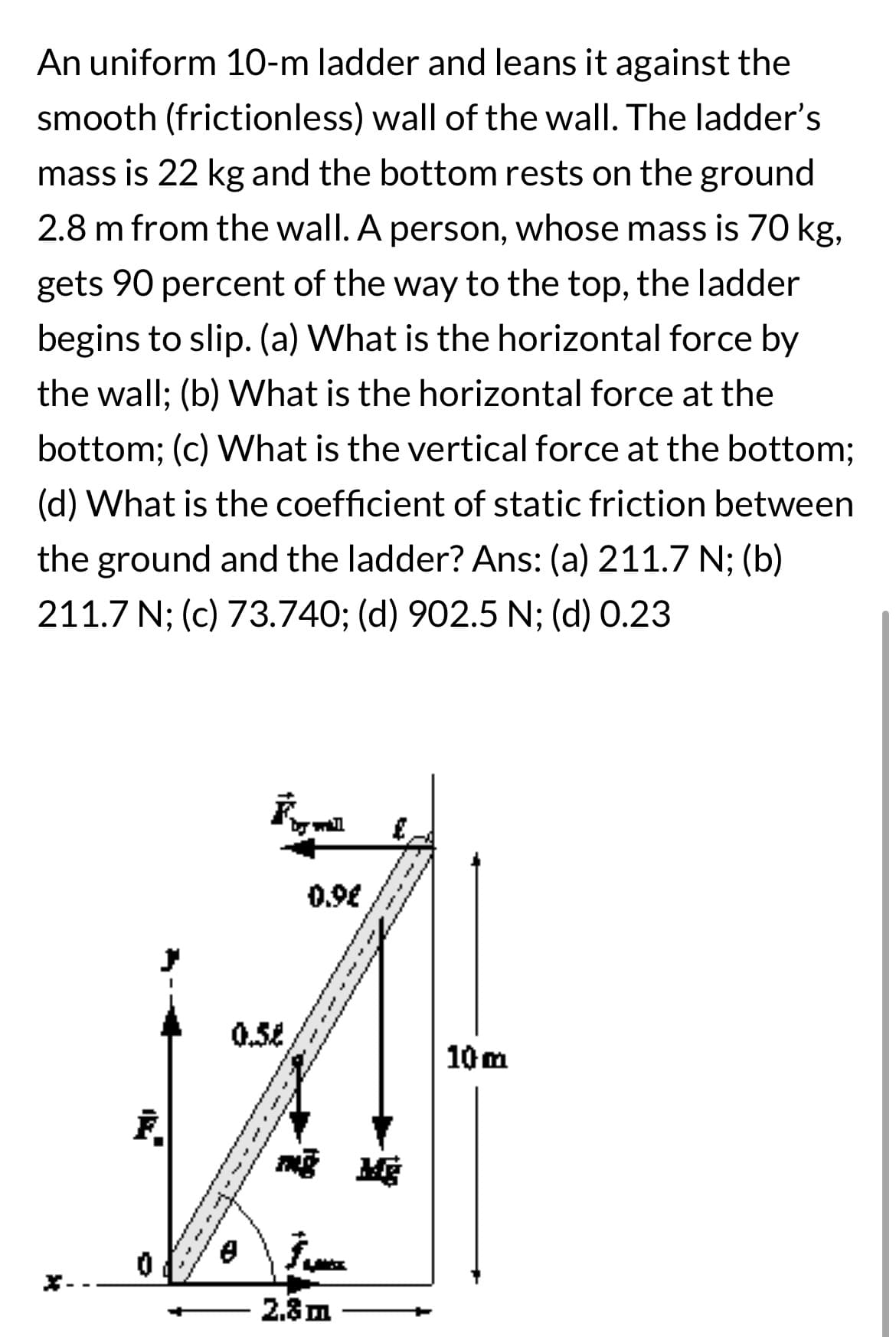 An uniform 10-m ladder and leans it against the
smooth (frictionless) wall of the wall. The ladder's
mass is 22 kg and the bottom rests on the ground
2.8 m from the wall. A person, whose mass is 70 kg,
gets 90 percent of the way to the top, the ladder
begins to slip. (a) What is the horizontal force by
the wall; (b) What is the horizontal force at the
bottom; (c) What is the vertical force at the bottom;
(d) What is the coefficient of static friction between
the ground and the ladder? Ans: (a) 211.7 N; (b)
211.7 N; (c) 73.740; (d) 902.5 N; (d) 0.23
I
0
0.58
by will
0.98
mg Mg
2.8m
10m