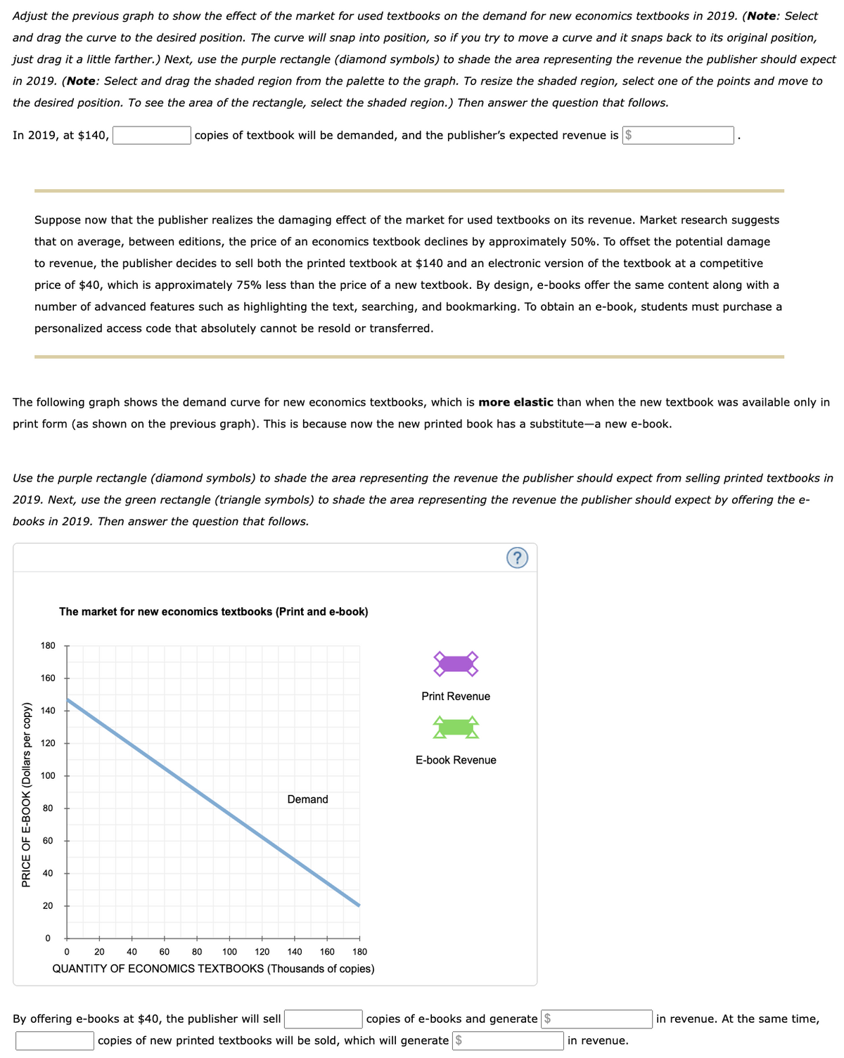 Adjust the previous graph to show the effect of the market for used textbooks on the demand for new economics textbooks in 2019. (Note: Select
and drag the curve to the desired position. The curve will snap into position, so if you try to move a curve and it snaps back to its original position,
just drag it a little farther.) Next, use the purple rectangle (diamond symbols) to shade the area representing the revenue the publisher should expect
in 2019. (Note: Select and drag the shaded region from the palette to the graph. To resize the shaded region, select one of the points and move to
the desired position. To see the area of the rectangle, select the shaded region.) Then answer the question that follows.
In 2019, at $140,
copies of textbook will be demanded, and the publisher's expected revenue is $
Suppose now that the publisher realizes the damaging effect of the market for used textbooks on its revenue. Market research suggests
that on average, between editions, the price of an economics textbook declines by approximately 50%. To offset the potential damage
to revenue, the publisher decides to sell both the printed textbook at $140 and an electronic version of the textbook at a competitive
price of $40, which is approximately 75% less than the price of a new textbook. By design, e-books offer the same content along with a
number of advanced features such as highlighting the text, searching, and bookmarking. To obtain an e-book, students must purchase a
personalized access code that absolutely cannot be resold or transferred.
The following graph shows the demand curve for new economics textbooks, which is more elastic than when the new textbook was available only in
print form (as shown on the previous graph). This is because now the new printed book has a substitute-a new e-book.
Use the purple rectangle (diamond symbols) to shade the area representing the revenue the publisher should expect from selling printed textbooks in
2019. Next, use the green rectangle (triangle symbols) to shade the area representing the revenue the publisher should expect by offering the e-
books in 2019. Then answer the question that follows.
180
PRICE OF E-BOOK (Dollars per copy)
160
140
120
The market for new economics textbooks (Print and e-book)
100
Demand
60
80
60
40
20
20
0
0
20
40
60
80
100
120 140 160 180
QUANTITY OF ECONOMICS TEXTBOOKS (Thousands of copies)
Print Revenue
E-book Revenue
By offering e-books at $40, the publisher will sell
copies of e-books and generate
in revenue. At the same time,
copies of new printed textbooks will be sold, which will generate $
in revenue.