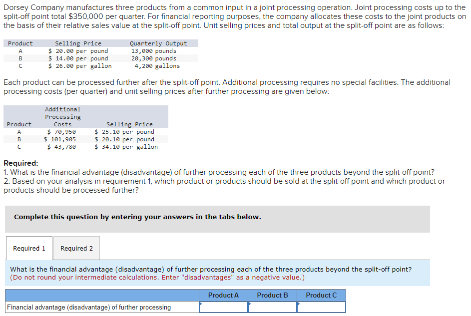 Dorsey Company manufactures three products from a common input in a joint processing operation. Joint processing costs up to the
split-off point total $350,000 per quarter. For financial reporting purposes, the company allocates these costs to the joint products on
the basis of their relative sales value at the split-off point. Unit selling prices and total output at the split-off point are as follows:
Product
Selling Price
Quarterly Output
A
$ 20.00 per pound
13,000 pounds
BU
B
$ 14.00 per pound
20,300 pounds
с
$ 26.00 per gallon
4,200 gallons
Each product can be processed further after the split-off point. Additional processing requires no special facilities. The additional
processing costs (per quarter) and unit selling prices after further processing are given below:
Product
Additional
Processing
Costs
$ 70,950
Selling Price
$ 25.10 per pound
$ 20.10 per pound
A
B
$ 101,905
$ 43,780
$ 34.10 per gallon
с
Required:
1. What is the financial advantage (disadvantage) of further processing each of the three products beyond the split-off point?
2. Based on your analysis in requirement 1, which product or products should be sold at the split-off point and which product or
products should be processed further?
Complete this question by entering your answers in the tabs below.
Required 1
Required 2
What is the financial advantage (disadvantage) of further processing each of the three products beyond the split-off point?
(Do not round your intermediate calculations. Enter "disadvantages" as a negative value.)
Financial advantage (disadvantage) of further processing
Product A
Product B
Product C