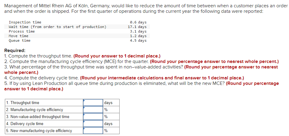Management of Mittel Rhein AG of Köln, Germany, would like to reduce the amount of time between when a customer places an order
and when the order is shipped. For the first quarter of operations during the current year the following data were reported:
Inspection time
Wait time (from order to start of production)
Process time
Move time
Queue time
Required:
0.6 days
17.1 days
3.1 days
1.2 days
4.5 days
1. Compute the throughput time. (Round your answer to 1 decimal place.)
2. Compute the manufacturing cycle efficiency (MCE) for the quarter. (Round your percentage answer to nearest whole percent.)
3. What percentage of the throughput time was spent in non-value-added activities? (Round your percentage answer to nearest
whole percent.)
4. Compute the delivery cycle time. (Round your intermediate calculations and final answer to 1 decimal place.)
5. If by using Lean Production all queue time during production is eliminated, what will be the new MCE? (Round your percentage
answer to 1 decimal place.)
1. Throughput time
2. Manufacturing cycle efficiency
days
%
3. Non-value-added throughput time
4. Delivery cycle time
%
days
5. New manufacturing cycle efficiency
%