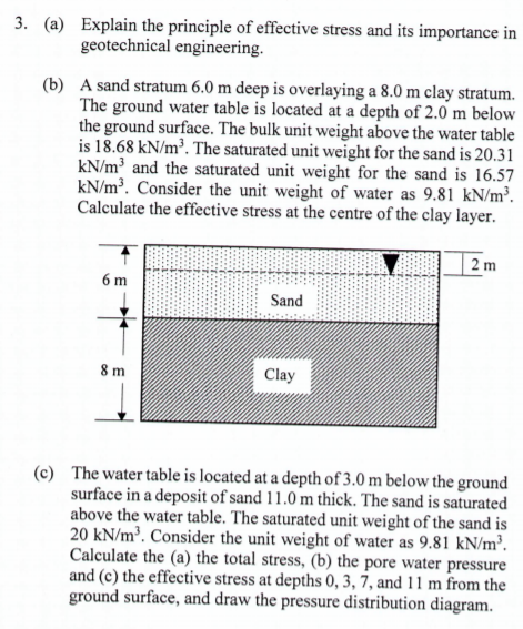 3. (a) Explain the principle of effective stress and its importance in
geotechnical engineering.
(b) A sand stratum 6.0 m deep is overlaying a 8.0 m clay stratum.
The ground water table is located at a depth of 2.0 m below
the ground surface. The bulk unit weight above the water table
is 18.68 kN/m³. The saturated unit weight for the sand is 20.31
kN/m³ and the saturated unit weight for the sand is 16.57
kN/m³. Consider the unit weight of water as 9.81 kN/m³.
Calculate the effective stress at the centre of the clay layer.
2 m
6 m
Sand
8 m
Clay
(c) The water table is located at a depth of 3.0 m below the ground
surface in a deposit of sand 11.0 m thick. The sand is saturated
above the water table. The saturated unit weight of the sand is
20 kN/m³. Consider the unit weight of water as 9.81 kN/m³.
Calculate the (a) the total stress, (b) the pore water pressure
and (c) the effective stress at depths 0, 3, 7, and 11 m from the
ground surface, and draw the pressure distribution diagram.
