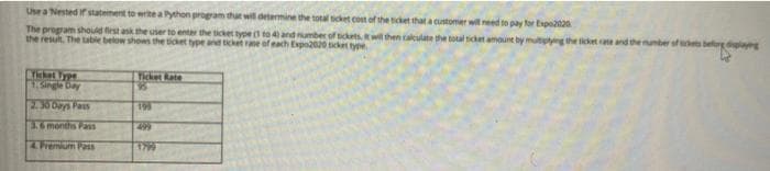 Use a Nested if statement to write a Python program that will determine the total ticket cost of the ticket that a customer will need to pay
for Expo2020
The program should first ask the user to enter the ticket type (1 to 4) and number of tickets. It will then calculate the total ticket amount by multiplying the ticket rate and the number s
the result. The table below shows the ticket type and ticket rate of each Expo2020 ticket type
Ticket Type
1. Single Day
Ticket Rate
35
2.30 Days Pass
195
3.6 months Pass
4 Premium Pass
1799
display