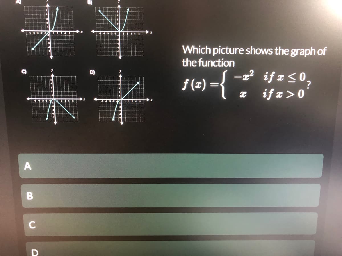 Which picture shows the graph of
the function
- if z <0,
if a>0
D)
f(2) ={
|
A
C
B
