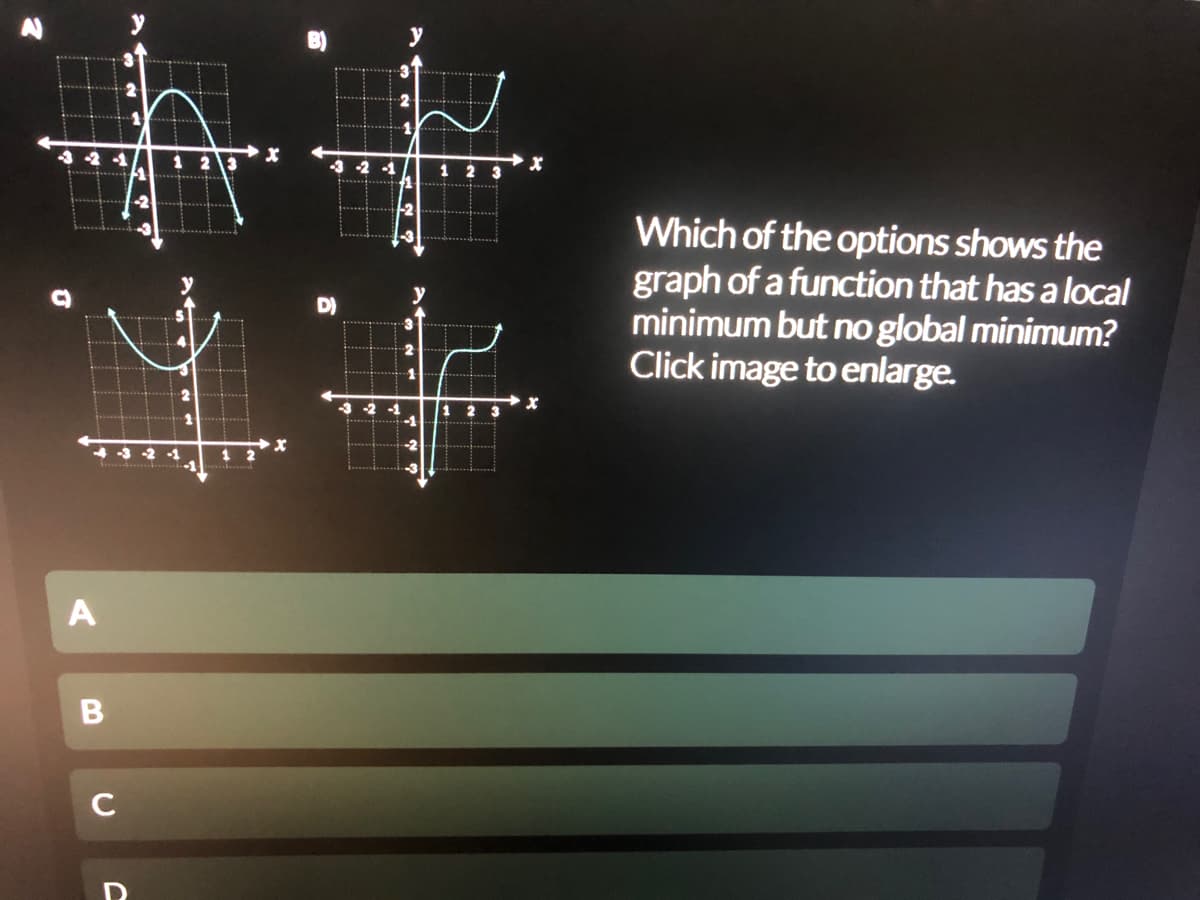 B)
1
2 -1
2 3
1
Which of the options shows the
graph of a function that has a local
minimum but no global minimum?
Click image to enlarge.
D)
-2
-3 2 1
-1
A
C
B
