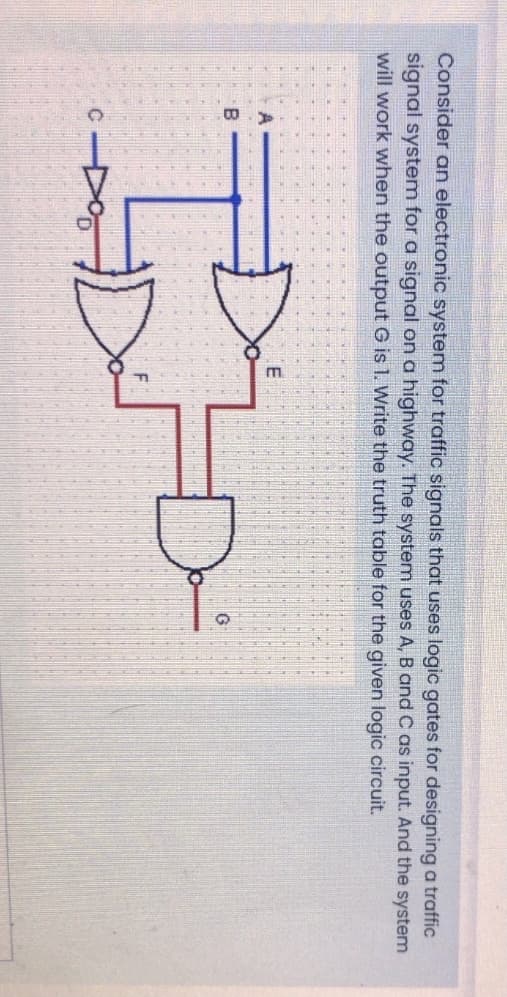 Consider an electronic system for traffic signals that uses logic gates for designing a traffic
signal system for a signal on a highway. The system uses A, B and C as input. And the system
will work when the output G is 1. Write the truth table for the given logic circuit.
C
