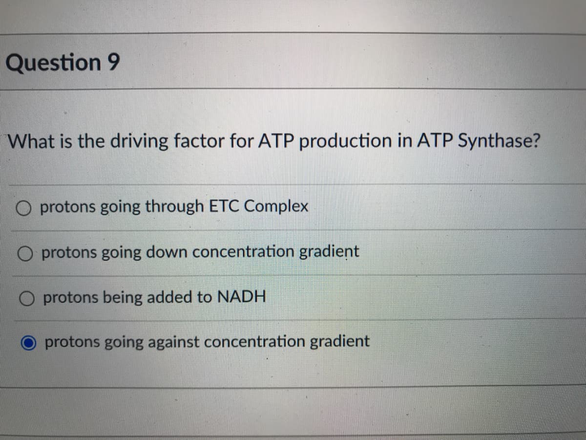 Question 9
What is the driving factor for ATP production in ATP Synthase?
O protons going through ETC Complex
O protons going down concentration gradient
O protons being added to NADH
protons going against concentration gradient
