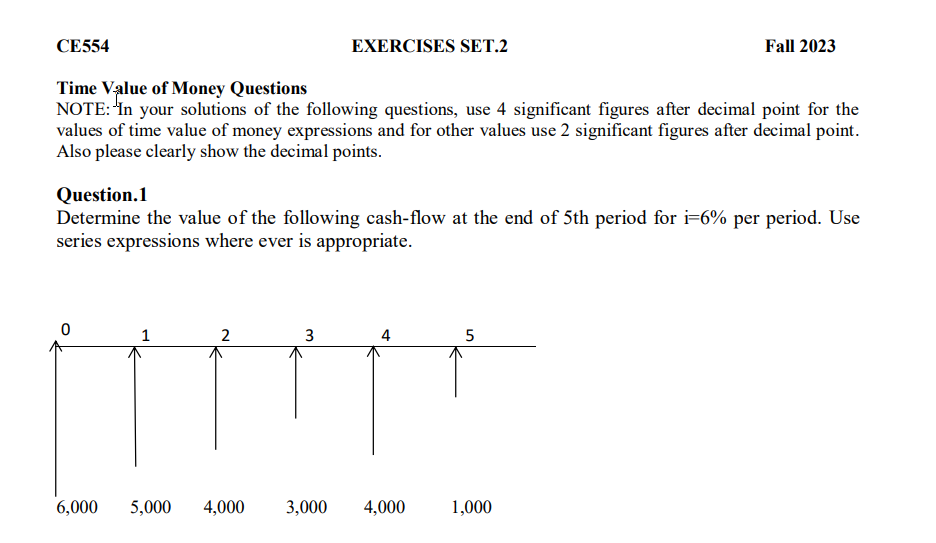 CE554
Time Value of Money Questions
NOTE: In your solutions of the following questions, use 4 significant figures after decimal point for the
values of time value of money expressions and for other values use 2 significant figures after decimal point.
Also please clearly show the decimal points.
6,000
Question.1
Determine the value of the following cash-flow at the end of 5th period for i=6% per period. Use
series expressions where ever is appropriate.
1
EXERCISES SET.2
2
3
4
5,000 4,000 3,000 4,000
Fall 2023
5
1,000