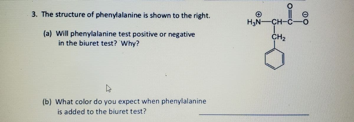 3. The structure of phenylalanine is shown to the right.
H3N-CH-C-
(a) Will phenylalanine test positive or negative
in the biuret test? Why?
CH2
(b) What color do you expect when phenylalanine
is added to the biuret test?
