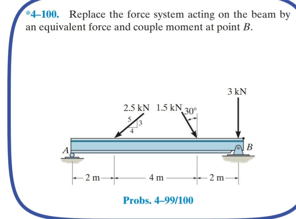 *4-100. Replace the force system acting on the beam by
an equivalent force and couple moment at point B.
3 kN
2.5 kN 1.5 kN
30°
5.
3
4
A
В
- 2 m
4 m
2 m-
Probs. 4–99/100
