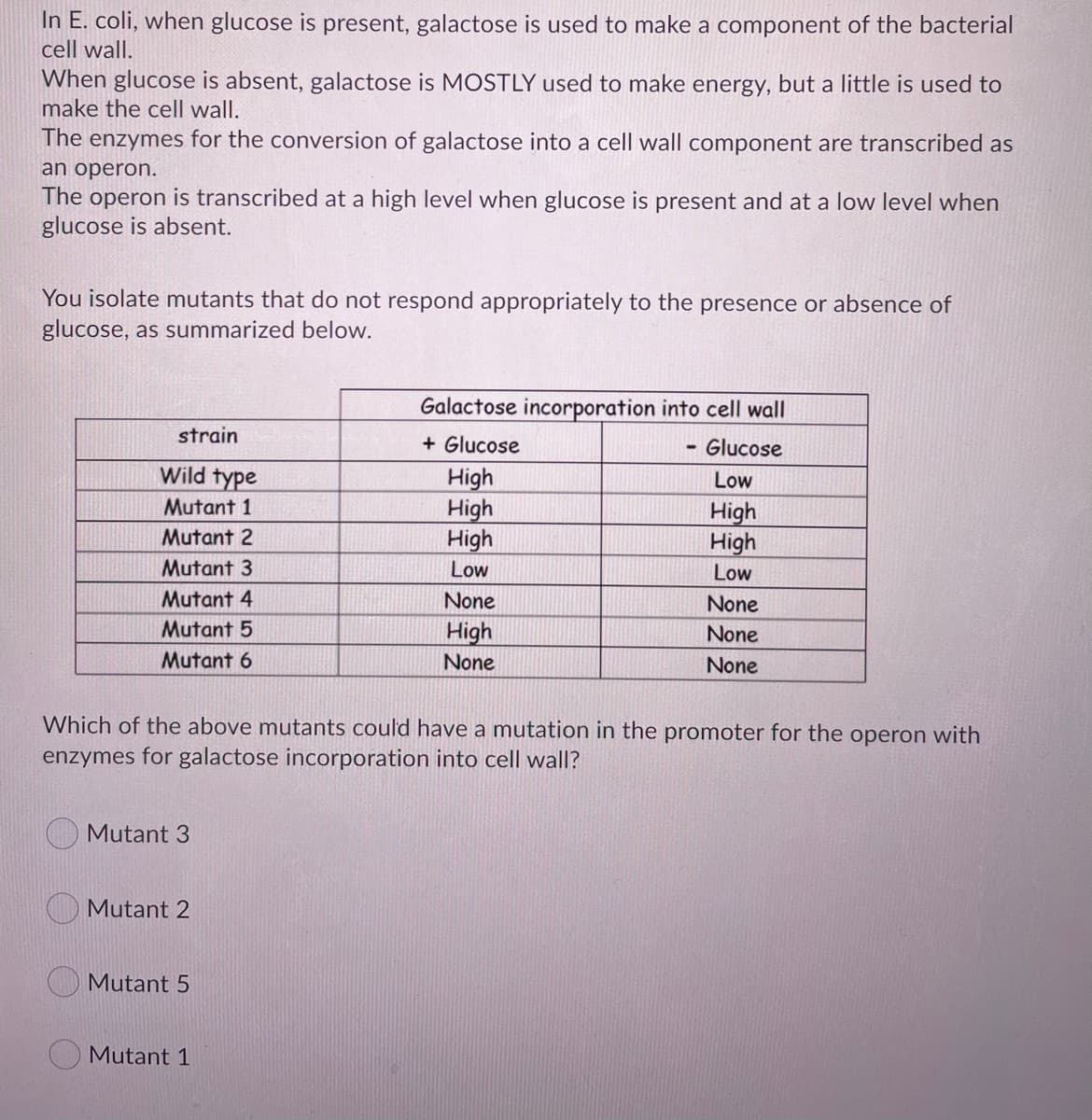 In E. coli, when glucose is present, galactose is used to make a component of the bacterial
cell wall.
When glucose is absent, galactose is MOSTLY used to make energy, but a little is used to
make the cell wall.
The enzymes for the conversion of galactose into a cell wall component are transcribed as
an operon.
The operon is transcribed at a high level when glucose is present and at a low level when
glucose is absent.
You isolate mutants that do not respond appropriately to the presence or absence of
glucose, as summarized below.
Galactose incorporation into cell wall
strain
+ Glucose
- Glucose
Wild type
High
High
High
Low
Mutant 1
High
High
Mutant 2
Mutant 3
Low
Low
Mutant 4
None
None
Mutant 5
High
None
Mutant 6
None
None
Which of the above mutants could have a mutation in the promoter for the operon with
enzymes for galactose incorporation into cell wall?
Mutant 3
Mutant 2
Mutant 5
Mutant 1
