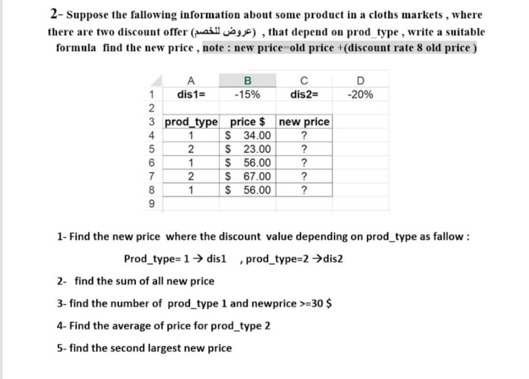 2- Suppose the fallowing information about some product in a cloths markets , where
there are two discount offer (sil ja), that depend on prod type, write a suitable
formula find the new price, note : new price old price +(discount rate 8 old price)
A
C
1
dis1=
-15%
dis2=
-20%
2
3 prod_type price $
2$
$ 23.00
2$
new price
4
1
34.00
2
6.
1
56.00
2
$67.00
56.00
7
?
8.
1
24
?
9.
1- Find the new price where the discount value depending on prod_type as fallow:
Prod_type= 1→ dis1
prod_type=2 dis2
2- find the sum of all new price
3- find the number of prod_type 1 and newprice >=30 $
4- Find the average of price for prod_type 2
5- find the second largest new price
