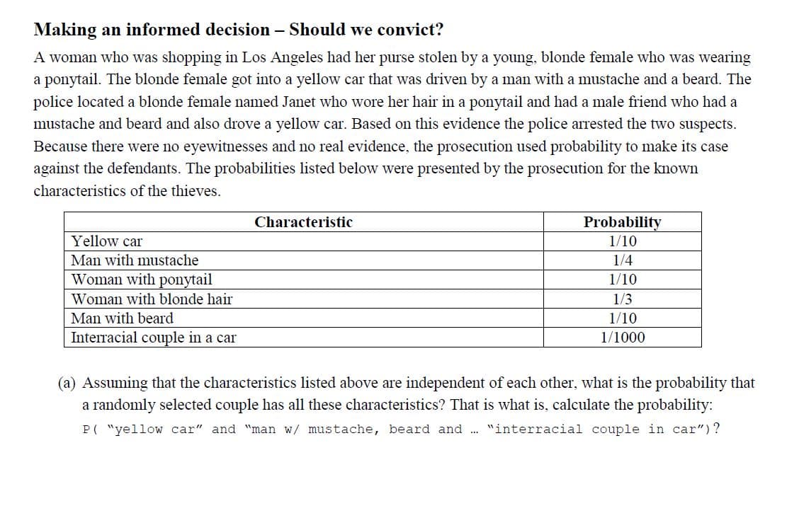 Making an informed decision – Should we convict?
A woman who was shopping in Los Angeles had her purse stolen by a young, blonde female who was wearing
a ponytail. The blonde female got into a yellow car that was driven by a man with a mustache and a beard. The
police located a blonde female named Janet who wore her hair in a ponytail and had a male friend who had a
mustache and beard and also drove a yellow car. Based on this evidence the police arrested the two suspects.
Because there were no eyewitnesses and no real evidence, the prosecution used probability to make its case
against the defendants. The probabilities listed below were presented by the prosecution for the known
characteristics of the thieves.
Characteristic
Probability
Yellow car
1/10
Man with mustache
1/4
Woman with ponytail
1/10
Woman with blonde hair
1/3
Man with beard
Interracial couple in a car
1/10
1/1000
(a) Assuming that the characteristics listed above are independent of each other, what is the probability that
a randomly selected couple has all these characteristics? That is what is, calculate the probability:
P( "yellow car" and "man w/ mustache, beard and . "interracial couple in car")?
