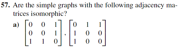 57. Are the simple graphs with the following adjacency ma-
trices isomorphic?
a)
6:30
1
1
1 1
0 0
0
1 0