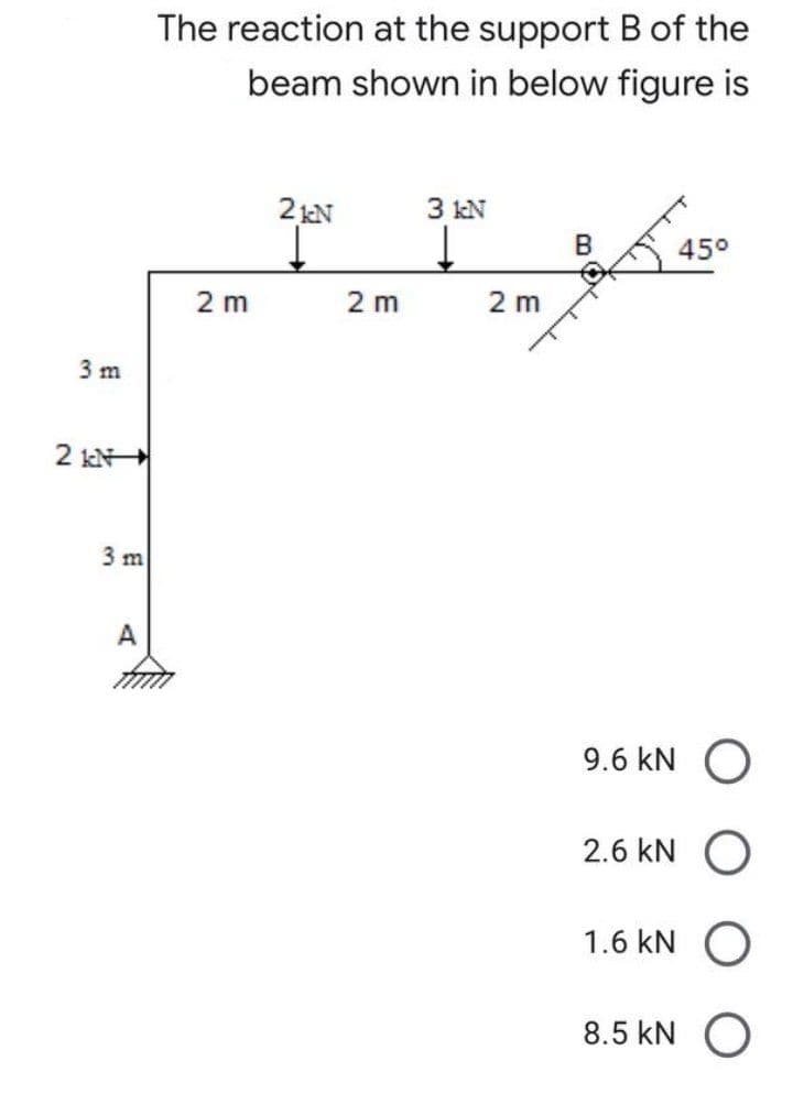 The reaction at the support B of the
beam shown in below figure is
2 kN
3 kN
45°
2 m
2 m
2 m
3 m
2 kN
3 m
A
9.6 kN O
2.6 kN
1.6 kN
8.5 kN O
