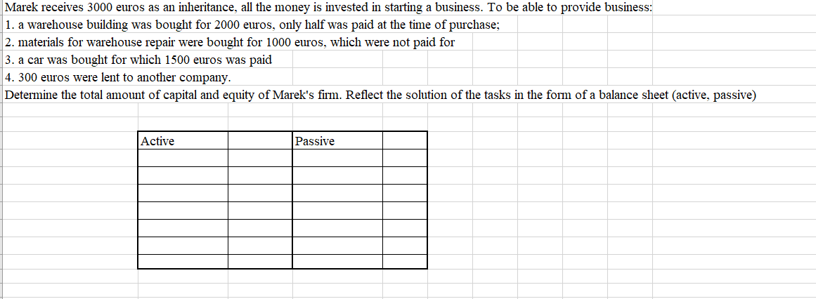 Marek receives 3000 euros as an inheritance, all the money is invested in starting a business. To be able to provide business:
1. a warehouse building was bought for 2000 euros, only half was paid at the time of purchase;
2. materials for warehouse repair were bought for 1000 euros, which were not paid for
3. a car was bought for which 1500 euros was paid
4. 300 euros were lent to another company.
Determine the total amount of capital and equity of Marek's firm. Reflect the solution of the tasks in the form of a balance sheet (active, passive)
Active
Passive