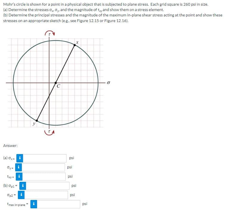 Mohr's circle is shown for a point in a physical object that is subjected to plane stress. Each grid square is 260 psi in size.
(a) Determine the stresses O, Oy, and the magnitude of Ty and show them on a stress element.
(b) Determine the principal stresses and the magnitude of the maximum in-plane shear stress acting at the point and show these
stresses on an appropriate sketch (e.g., see Figure 12.15 or Figure 12.16).
X
D
C
y
Answer:
(a) ox= i
i
dy=
Txy=
(b) Op1=
Op2 =
Mi
Tmax in-plane
Mi
psi
psi
psi
psi
psi
psi
b