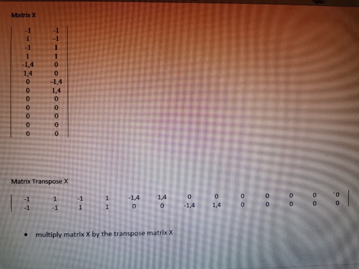 Matrix X
-1
1.
1,4
-1,4
1,4
0.
0.
Matrix Transpose X
-1
-1
-1,4
1,4
-1
1.
-1,4
1,4
0.
-1
multiply matrix X by the transpose matrix X
