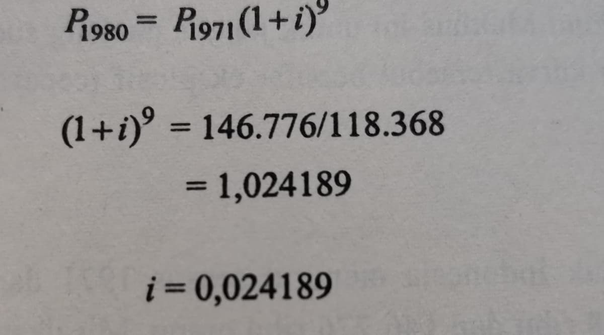 Pi980
R971 (1+i)
(1+i)° = 146.776/118.368
= 1,024189
%3D
%3D
i = 0,024189
