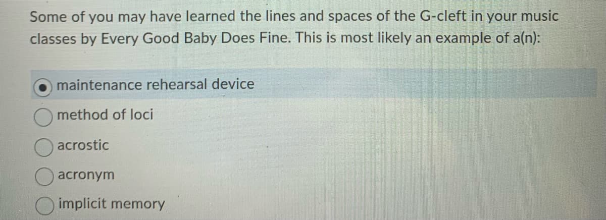 Some of you may have learned the lines and spaces of the G-cleft in your music
classes by Every Good Baby Does Fine. This is most likely an example of a(n):
maintenance rehearsal device
method of loci
acrostic
O acronym
implicit memory
