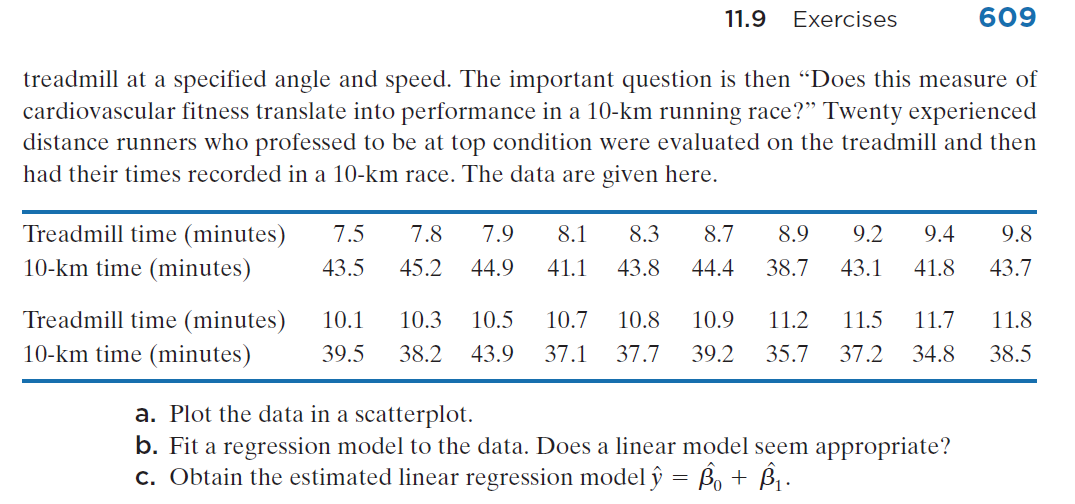 11.9
Exercises
609
treadmill at a specified angle and speed. The important question is then "Does this measure of
cardiovascular fitness translate into performance in a 10-km running race?" Twenty experienced
distance runners who professed to be at top condition were evaluated on the treadmill and then
had their times recorded in a 10-km race. The data are given here.
Treadmill time (minutes)
10-km time (minutes)
7.5
7.8
7.9
8.1
8.3
8.7
8.9
9.2
9.4
9.8
43.5
45.2
44.9
41.1
43.8
44.4
38.7
43.1
41.8
43.7
Treadmill time (minutes)
10-km time (minutes)
10.1
10.3
10.5
10.7
10.8
10.9
11.2
11.5
11.7
11.8
39.5
38.2
43.9
37.1
37.7
39.2
35.7
37.2
34.8
38.5
a. Plot the data in a scatterplot.
b. Fit a regression model to the data. Does a linear model seem appropriate?
c. Obtain the estimated linear regression model ŷ = Bo + ß .
