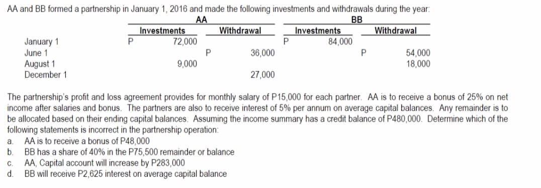 AA and BB formed a partnership in January 1, 2016 and made the following investments and withdrawals during the year:
AA
Withdrawal
BB
Investments
Investments
Withdrawal
January 1
June 1
72,000
84,000
54,000
18,000
36,000
August 1
December 1
9,000
27,000
The partnership's profit and loss agreement provides for monthly salary of P15,000 for each partner. AA is to receive a bonus of 25% on net
income after salaries and bonus. The partners are also to receive interest of 5% per annum on average capital balances. Any remainder is to
be allocated based on their ending capital balances. Assuming the income summary has a credit balance of P480,000. Determine which of the
following statements is incorrect in the partnership operation:
AA is to receive a bonus of P48,000
b.
a.
BB has a share of 40% in the P75,500 remainder or balance
C.
AA, Capital account will increase by P283,000
d.
BB will receive P2,625 interest on average capital balance
