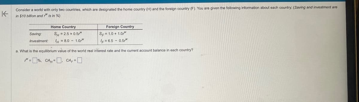 K
Consider a world with only two countries, which are designated the home country (H) and the foreign country (F). You are given the following information about each country: (Saving and investment are
in $10 billion and is in %)
Home Country
Saving:
Investment:
SH = 2.5 +0.5
H=8.0
1.0"
Foreign Country
SF = 1.0 + 1.0
F= 6.5 -0.5
a. What is the equilibrium value of the world real interest rate and the current account balance in each country?
=%, CA. CAF = ☐