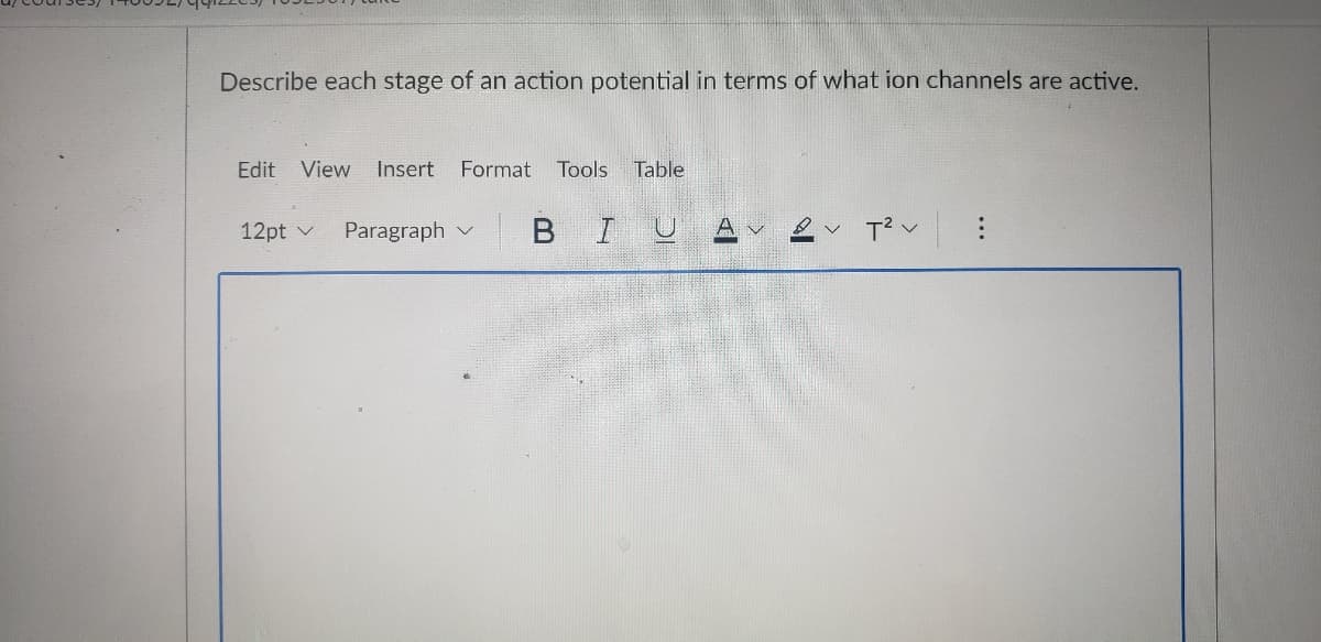 **Title: Understanding Action Potentials and Ion Channel Activity**

**Description and Instructions**

The task is to describe each stage of an action potential by specifying which ion channels are active during each phase. This will help in understanding the mechanisms underlying neural communication.

---

**Text Prompt**

**Describe each stage of an action potential in terms of what ion channels are active.**

---

**Explanation**

An action potential is a rapid and temporary change in the electrical potential across the membrane of a neuron, allowing it to transmit signals. Here are the various stages of an action potential and the corresponding ion channel activity at each stage:

1. **Resting State**
   - **Ion Channels Active**: 
     - **Potassium Leak Channels:** These are open, allowing K+ ions to move out of the neuron.
     - **Sodium-Potassium Pump:** This active transport mechanism pumps 3 Na+ ions out and 2 K+ ions into the neuron, maintaining the resting potential at approximately -70 mV.

2. **Depolarization**
   - **Ion Channels Active**: 
     - **Voltage-Gated Sodium Channels:** These channels open in response to a threshold stimulus, allowing Na+ ions to rush into the neuron, causing the membrane potential to become more positive.

3. **Peak of Action Potential**
   - **Ion Channels Active**: 
     - **Voltage-Gated Sodium Channels:** Continue to be open until the membrane potential reaches approximately +30 mV to +40 mV.
     - **At Highest Peak:** Sodium channels begin to close as the peak is reached.

4. **Repolarization**
   - **Ion Channels Active**: 
     - **Voltage-Gated Potassium Channels:** These channels open after the peak of the action potential, allowing K+ ions to flow out of the neuron, restoring the negative membrane potential.

5. **Hyperpolarization (Undershoot)**
   - **Ion Channels Active**:
     - **Voltage-Gated Potassium Channels:** They remain open longer than necessary, making the membrane potential more negative than the resting state.
     - **Potassium Leak Channels**: Also contribute to the hyperpolarization.
     - **Sodium-Potassium Pump**: Continues to function, helping to restore the resting membrane potential.

6. **Return to Resting State**
   - **Ion Channels Active**:
     - **Potassium Leak Channels**: Remain open.
     - **Sodium-P