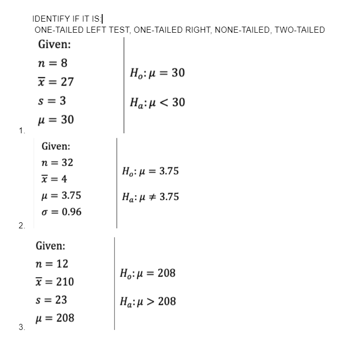 IDENTIFY IF IT IS|
ONE-TAILED LEET TEST, ONE-TAILED RIGHT, NONE-TAILED, TWO-TAILED
Given:
n = 8
H.:µ = 30
x = 27
s = 3
HaiH < 30
H = 30
1.
Given:
n = 32
x = 4
H.:µ = 3.75
µ = 3.75
Ha: H # 3.75
o = 0.96
2.
Given:
n = 12
x = 210
H.:µ = 208
%3D
s = 23
Ha:H > 208
H = 208
3.
