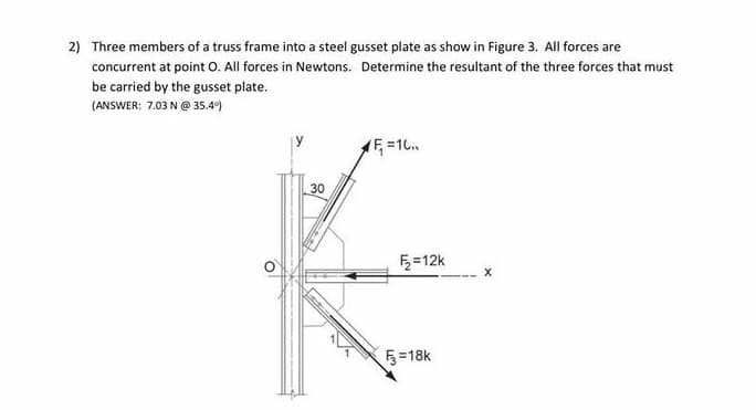 2) Three members of a truss frame into a steel gusset plate as show in Figure 3. All forces are
concurrent at point O. All forces in Newtons. Determine the resultant of the three forces that must
be carried by the gusset plate.
(ANSWER: 7.03 N@ 35.4)
F=16.
30
5=12k
5=18k
