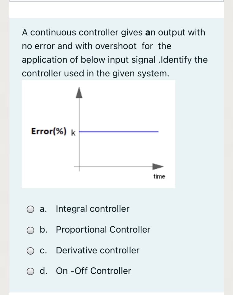 A continuous controller gives an output with
no error and with overshoot for the
application of below input signal Identify the
controller used in the given system.
Error(%) k
time
O a. Integral controller
b. Proportional Controller
O c. Derivative controller
O d. On -Off Controller
