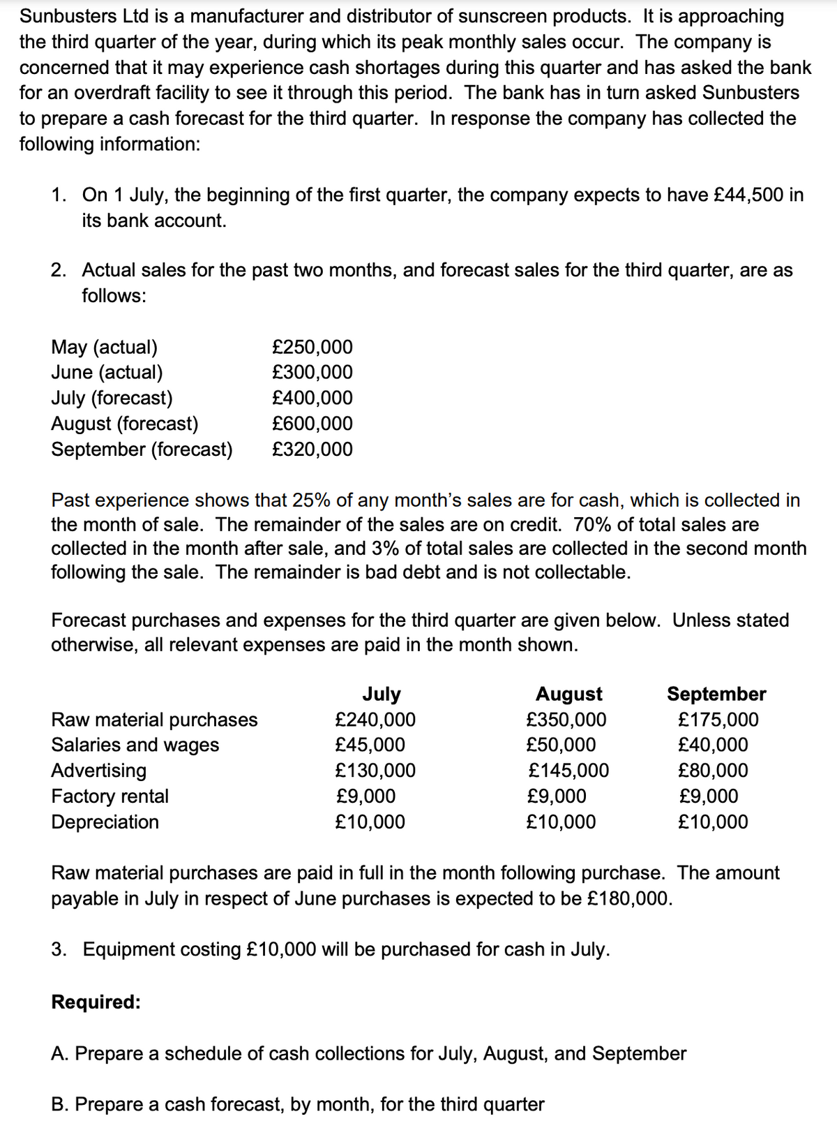 Sunbusters Ltd is a manufacturer and distributor of sunscreen products. It is approaching
the third quarter of the year, during which its peak monthly sales occur. The company is
concerned that it may experience cash shortages during this quarter and has asked the bank
for an overdraft facility to see it through this period. The bank has in turn asked Sunbusters
to prepare a cash forecast for the third quarter. In response the company has collected the
following information:
1. On 1 July, the beginning of the first quarter, the company expects to have £44,500 in
its bank account.
2. Actual sales for the past two months, and forecast sales for the third quarter, are as
follows:
May (actual)
£250,000
June (actual)
£300,000
July (forecast)
£400,000
August (forecast)
£600,000
September (forecast)
£320,000
Past experience shows that 25% of any month's sales are for cash, which is collected in
the month of sale. The remainder of the sales are on credit. 70% of total sales are
collected in the month after sale, and 3% of total sales are collected in the second month
following the sale. The remainder is bad debt and is not collectable.
Forecast purchases and expenses for the third quarter are given below. Unless stated
otherwise, all relevant expenses are paid in the month shown.
July
August
September
Raw material purchases
£240,000
£350,000
£175,000
Salaries and wages
£45,000
£50,000
£40,000
Advertising
£130,000
£145,000
£80,000
Factory rental
£9,000
£9,000
£9,000
Depreciation
£10,000
£10,000
£10,000
Raw material purchases are paid in full in the month following purchase. The amount
payable in July in respect of June purchases is expected to be £180,000.
3. Equipment costing £10,000 will be purchased for cash in July.
Required:
A. Prepare a schedule of cash collections for July, August, and September
B. Prepare a cash forecast, by month, for the third quarter