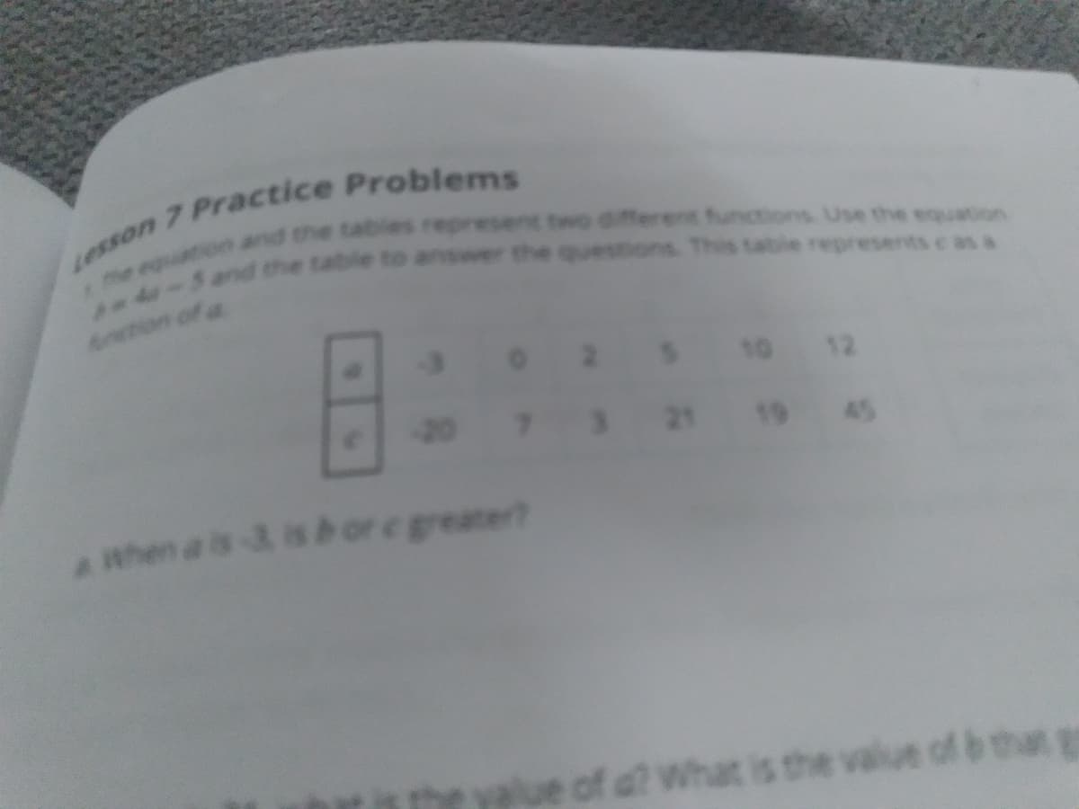 fton of a
25 1o 12
20 7 3 21 19 45
a when a is-3 is b or e greater?
sat is
that
